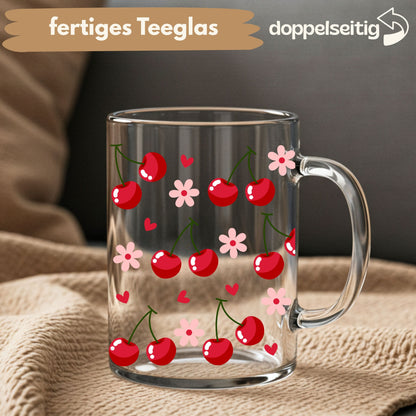 [ Doppelseitig ] 450 ml Teeglas mit Griff / Henkel | Kirschen