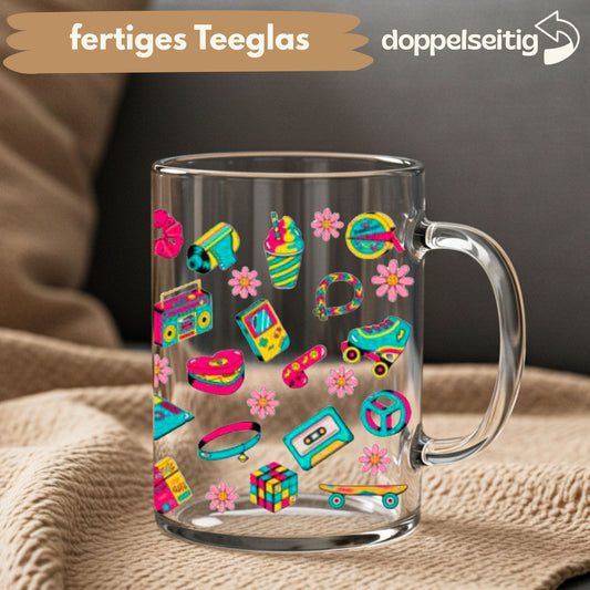 [ Doppelseitig ] 450 ml Teeglas mit Griff / Henkel | Retro