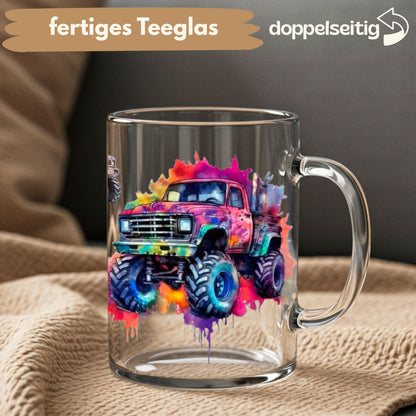 [ Doppelseitig ] 450 ml Teeglas mit Griff / Henkel | Monster Truck