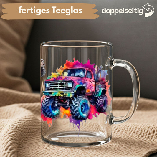 [ Doppelseitig ] 450 ml Teeglas mit Griff / Henkel | Monster Truck