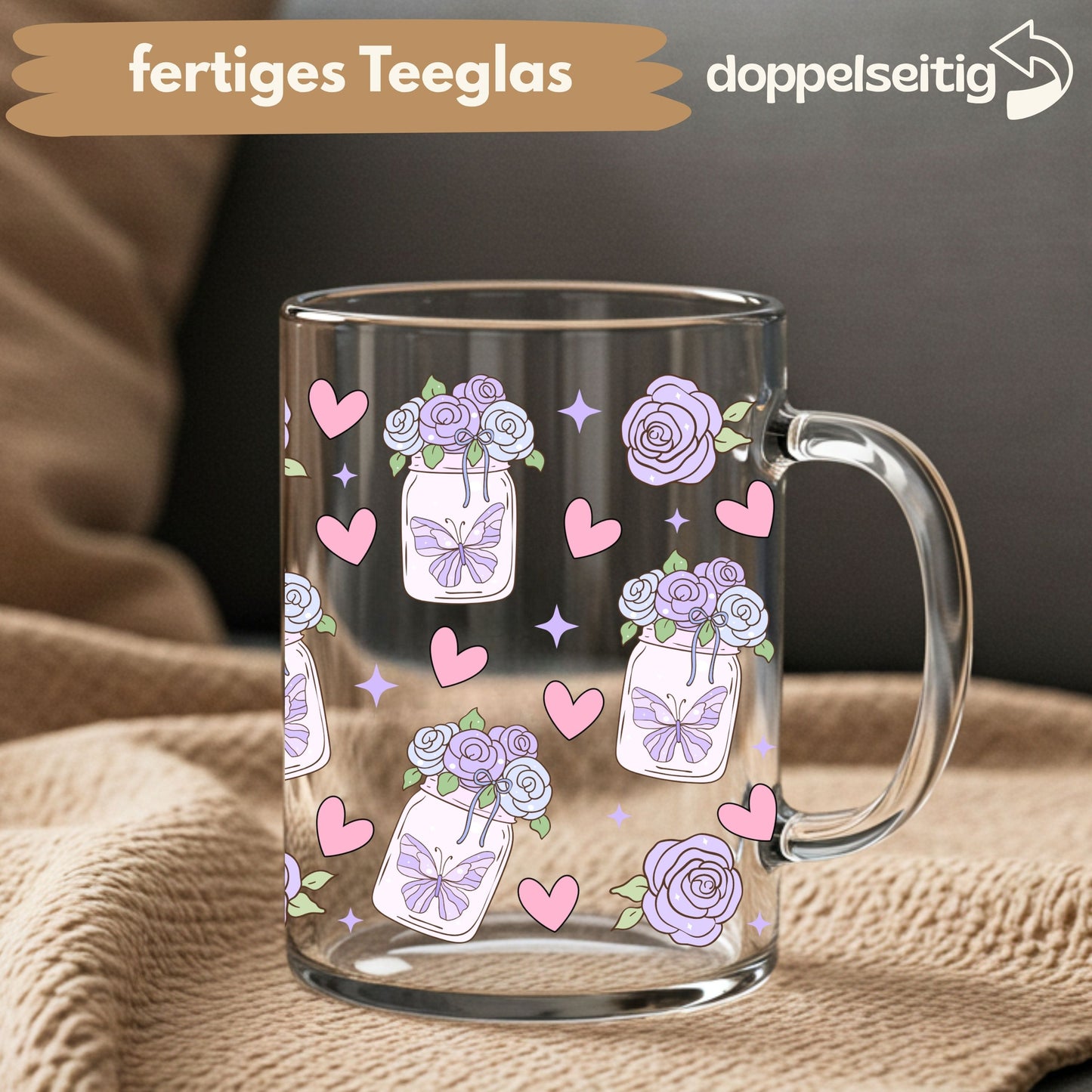 [ Doppelseitig ] 450 ml Teeglas mit Griff / Henkel | Schmetterlinge