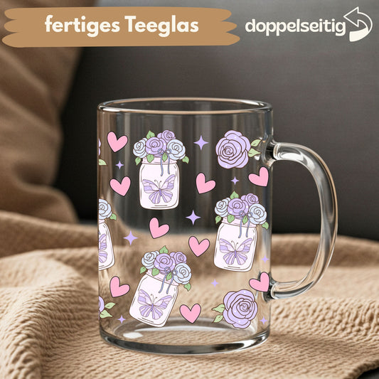 [ Doppelseitig ] 450 ml Teeglas mit Griff / Henkel | Schmetterlinge