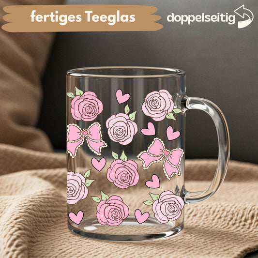 [ Doppelseitig ] 450 ml Teeglas mit Griff / Henkel | Rosen