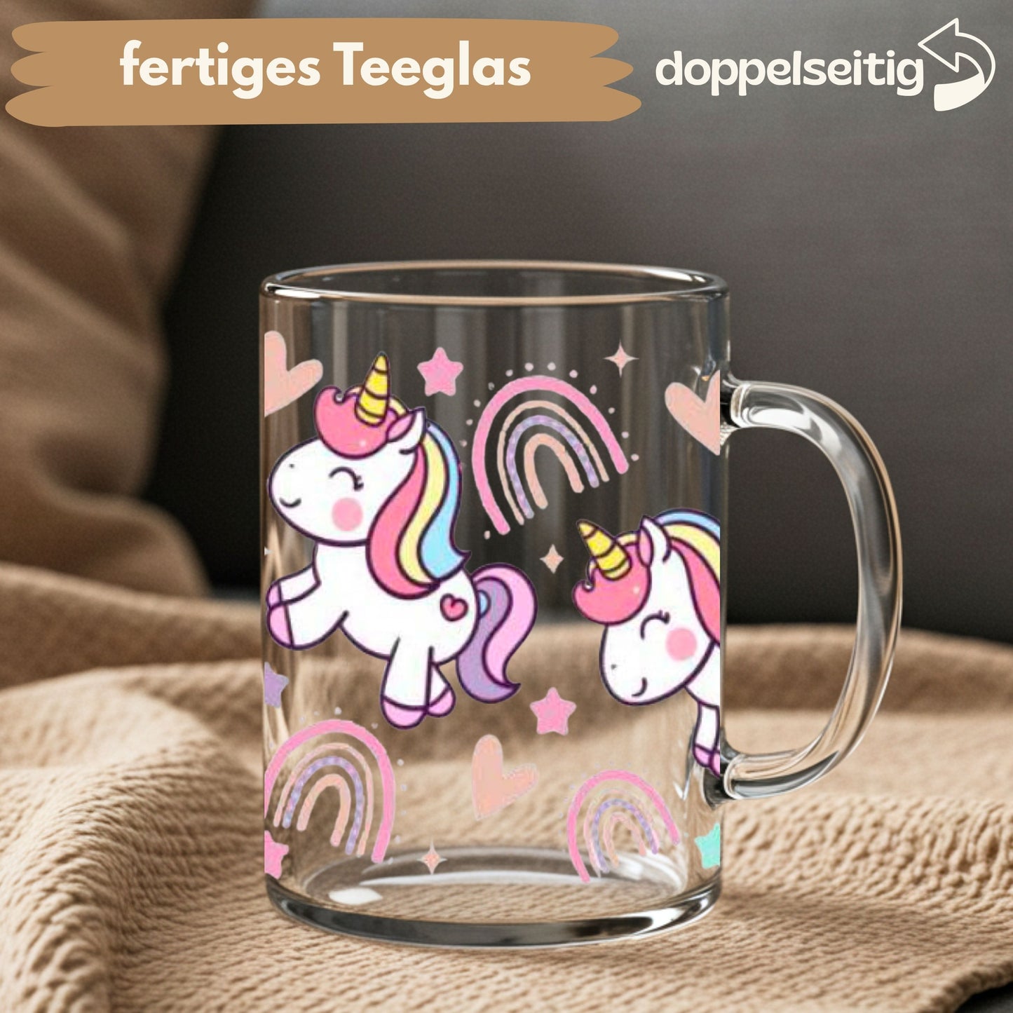 [ Doppelseitig ] 450 ml Teeglas mit Griff / Henkel | Baby Einhörner