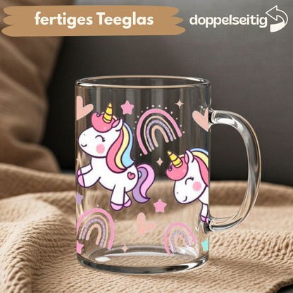 [ Doppelseitig ] 450 ml Teeglas mit Griff / Henkel | Baby Einhörner