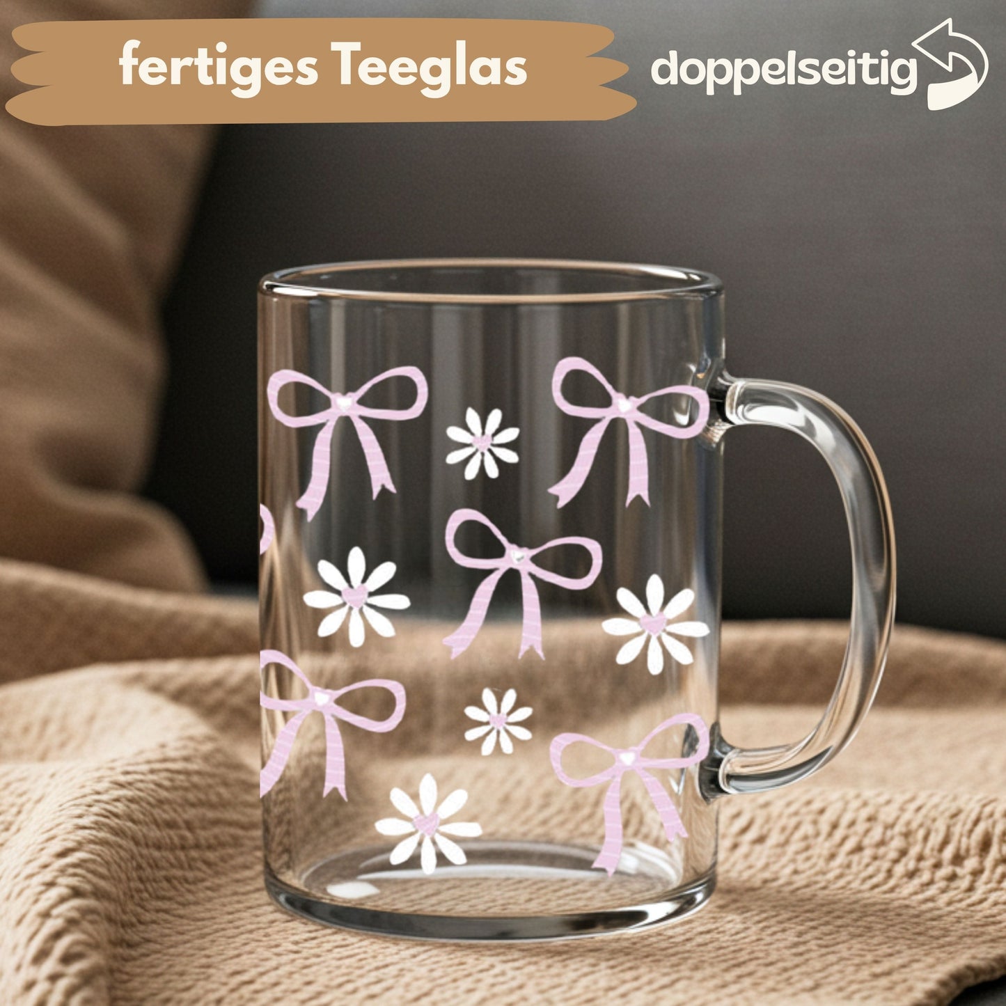 [ Doppelseitig ] 450 ml Teeglas mit Griff / Henkel | Pastell Schleifen