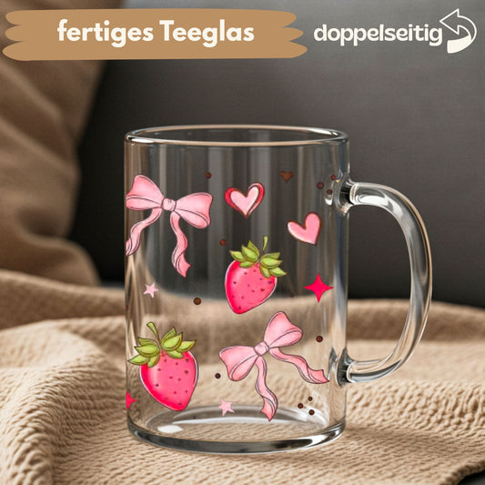 [ Doppelseitig ] 450 ml Teeglas mit Griff / Henkel | Erdbeer Schleifen