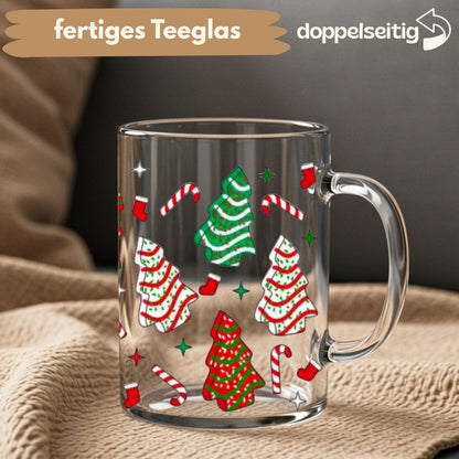 [ Doppelseitig ] 450 ml Teeglas mit Griff / Henkel | Tannenbaum Kekse
