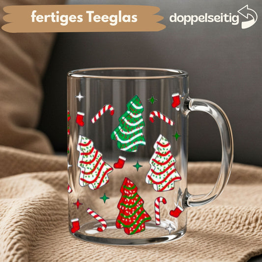 [ Doppelseitig ] 450 ml Teeglas mit Griff / Henkel | Tannenbaum Kekse