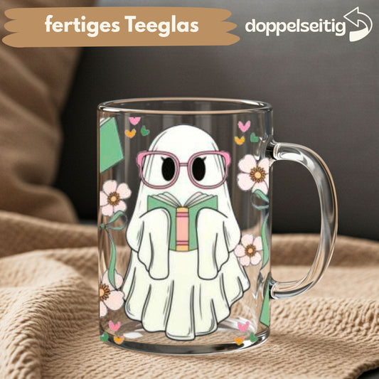[ Doppelseitig ] 450 ml Teeglas mit Griff / Henkel | Bücher Geist