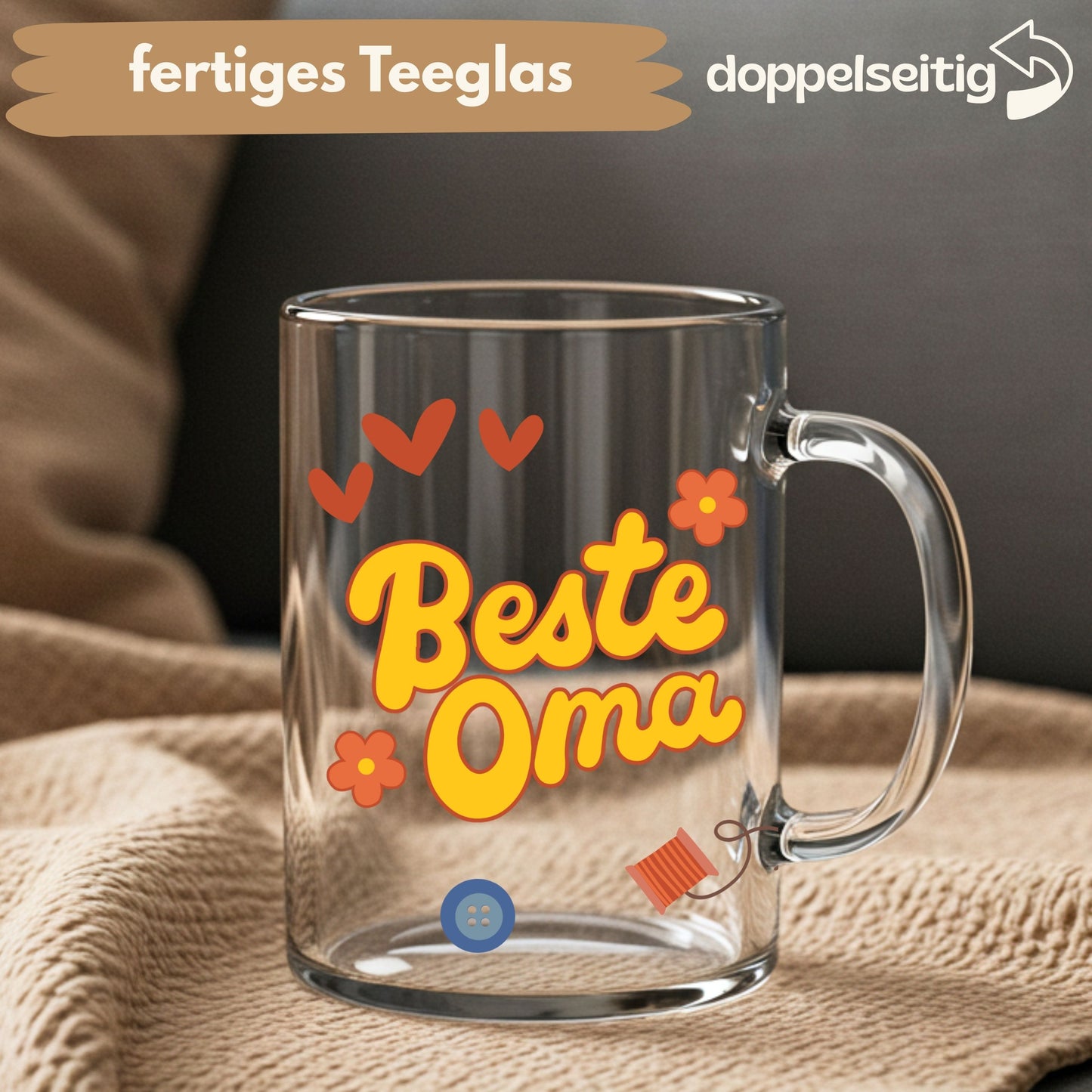 [ Doppelseitig ] 450 ml Teeglas mit Griff / Henkel | Beste Oma