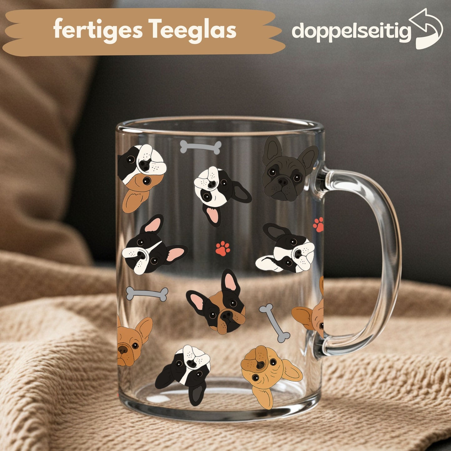 [ Doppelseitig ] 450 ml Teeglas mit Griff / Henkel | Französische Bulldogge