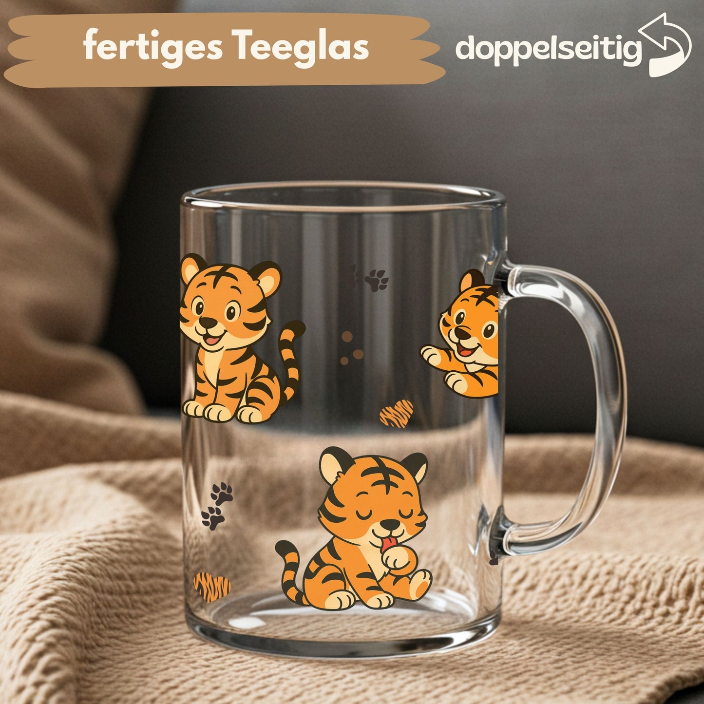 [ Doppelseitig ] 450 ml Teeglas mit Griff / Henkel | Tiger