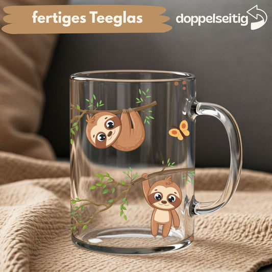 [ Doppelseitig ] 450 ml Teeglas mit Griff / Henkel | Baby Faultiere
