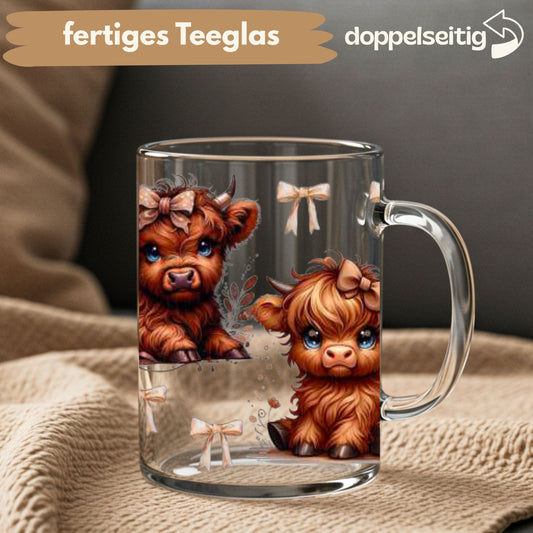[ Doppelseitig ] 450 ml Teeglas mit Griff / Henkel | Hochlandkuh