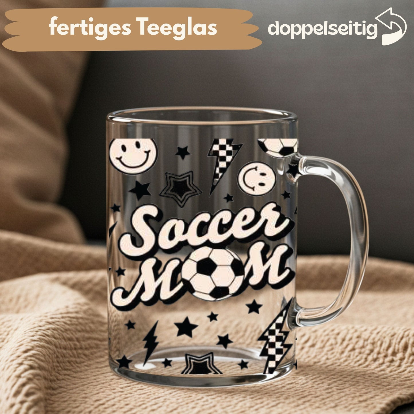 [ Doppelseitig ] 450 ml Teeglas mit Griff / Henkel | Soccer Mom