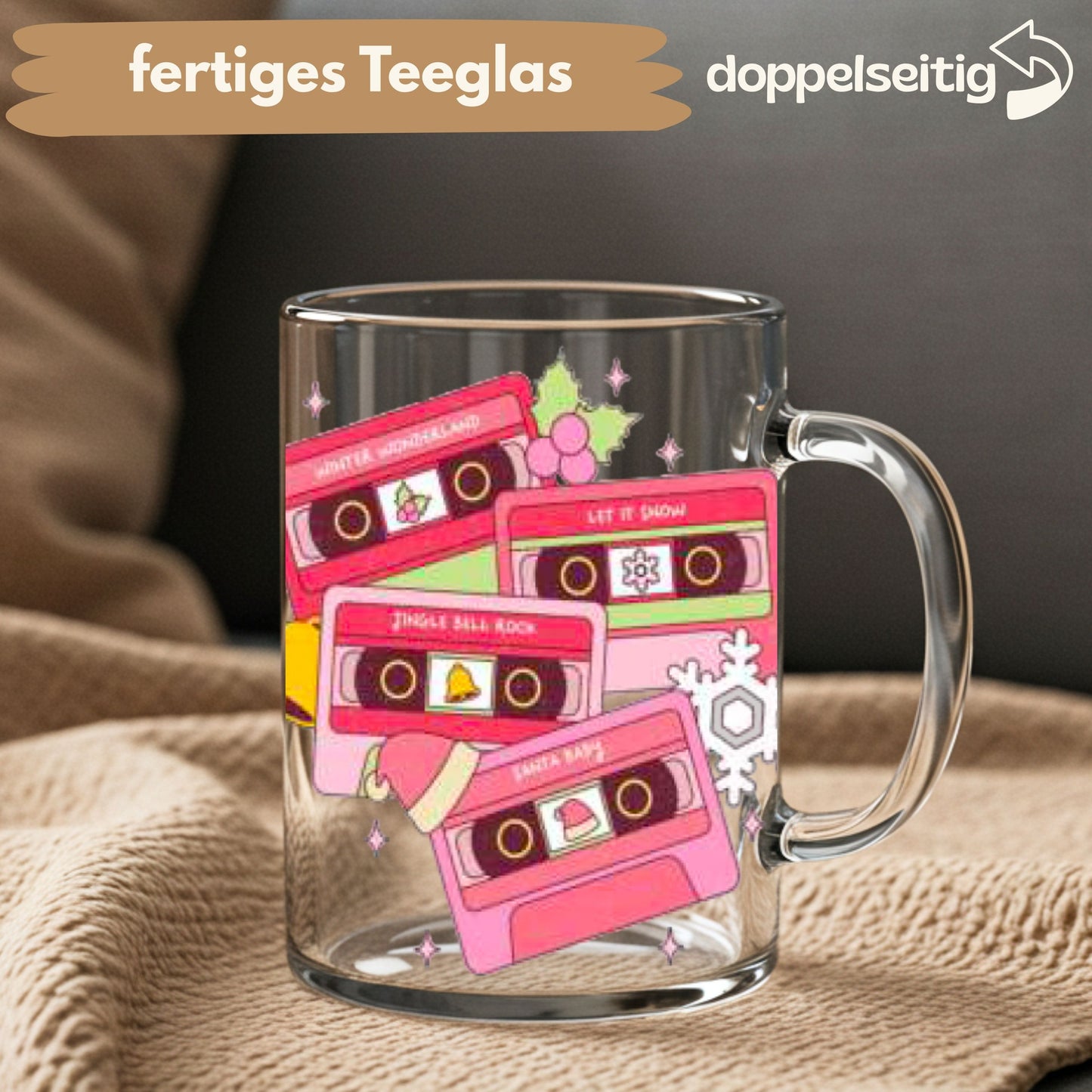 [ Doppelseitig ] 450 ml Teeglas mit Griff / Henkel | pinke Kasetten